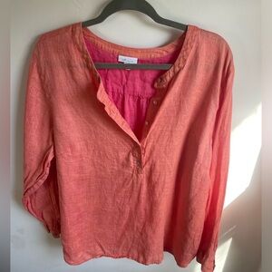 J. Jill 100% Linen Orange with Pink Interior Henley Blouse Button lightweight 2X